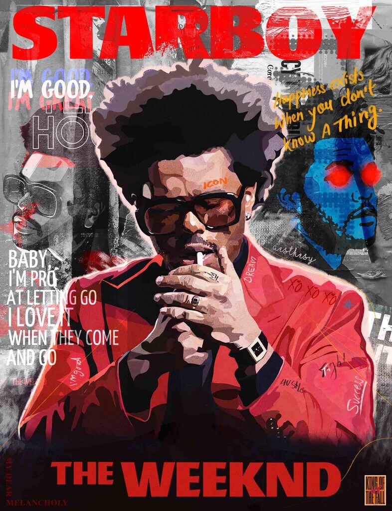 Bold wall art canvas featuring a stylized portrait of The Weeknd in a red outfit with sunglasses, set against a graffiti-style background. The design includes the word “STARBOY” in large red letters at the top and “THE WEEKND” at the bottom, along with layered text and imagery evoking a vibrant, urban, and musical vibe.