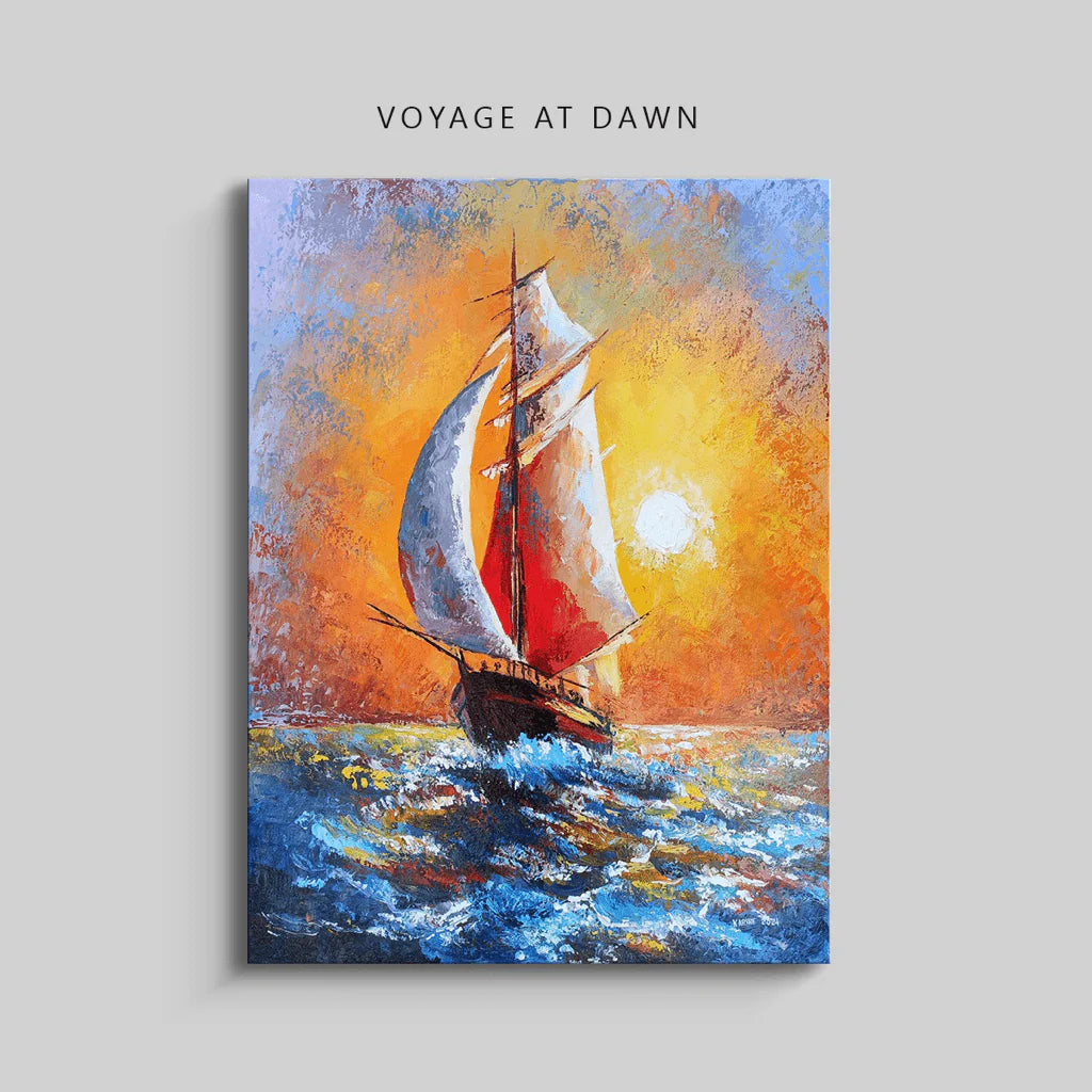 Framed canvas wall art depicting a serene early morning sea voyage, with a small sailboat drifting on calm waters under a warm, golden-pink dawn sky.