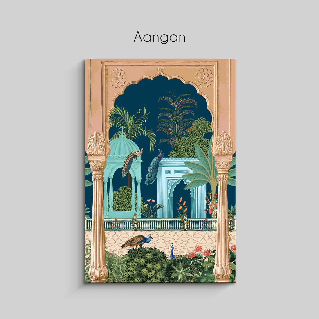 Elegant wall art canvas featuring a traditional Indian palace archway framing a lush garden scene. The artwork includes detailed pillars, domed pavilions, tropical plants, and peacocks, all set against a rich navy-blue backdrop. The piece blends cultural heritage with vibrant colors, adding a touch of regal sophistication and serenity to any room.