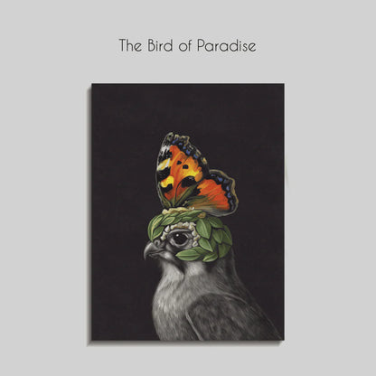 A striking canvas artwork featuring a regal hawk with a surreal twist — its head adorned with green leaves and a vivid orange butterfly perched like a crown. Set against a deep black background, the image blends realism with fantasy, highlighting transformation and duality. Displayed in a sleek, modern room with dark tones and minimalist furniture, the piece adds a bold, imaginative focal point.