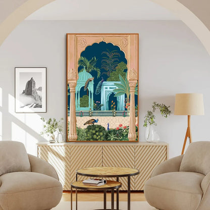 Elegant wall art canvas featuring a traditional Indian palace archway framing a lush garden scene. The artwork includes detailed pillars, domed pavilions, tropical plants, and peacocks, all set against a rich navy-blue backdrop. The piece blends cultural heritage with vibrant colors, adding a touch of regal sophistication and serenity to any room.