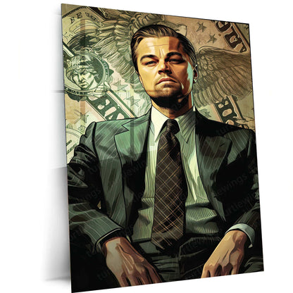 Bold wall art canvas featuring a confident man in a suit seated against a dramatic background of dollar bills and an eagle emblem, exuding power, wealth, and dominance. Ideal for modern interiors with a strong, motivational vibe.